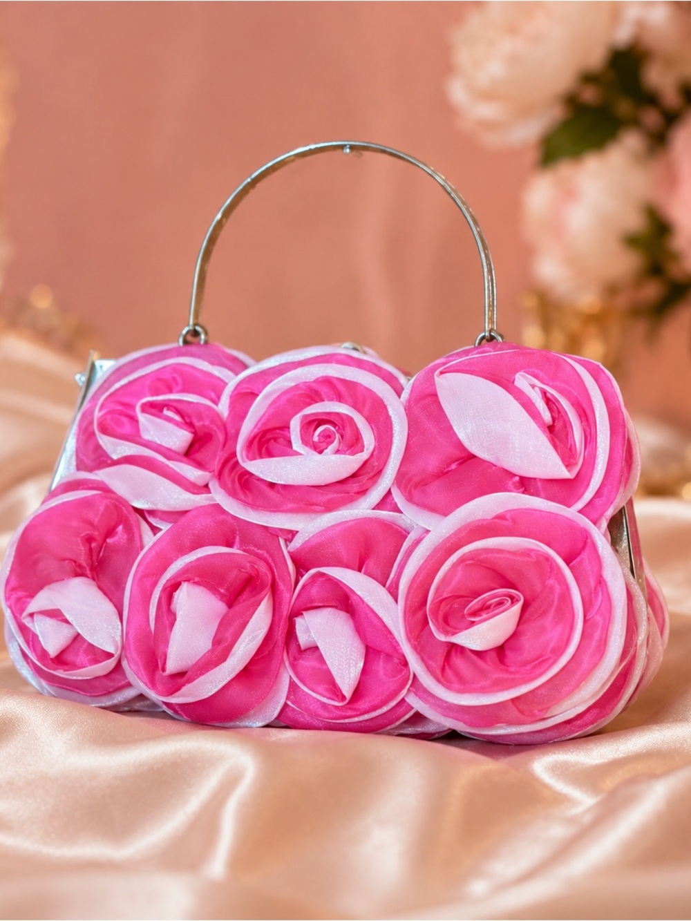 Helen Heart Pink Rosette Formal Evening Bag NWT Silver Handle Chain Strap - Picture 8 of 8